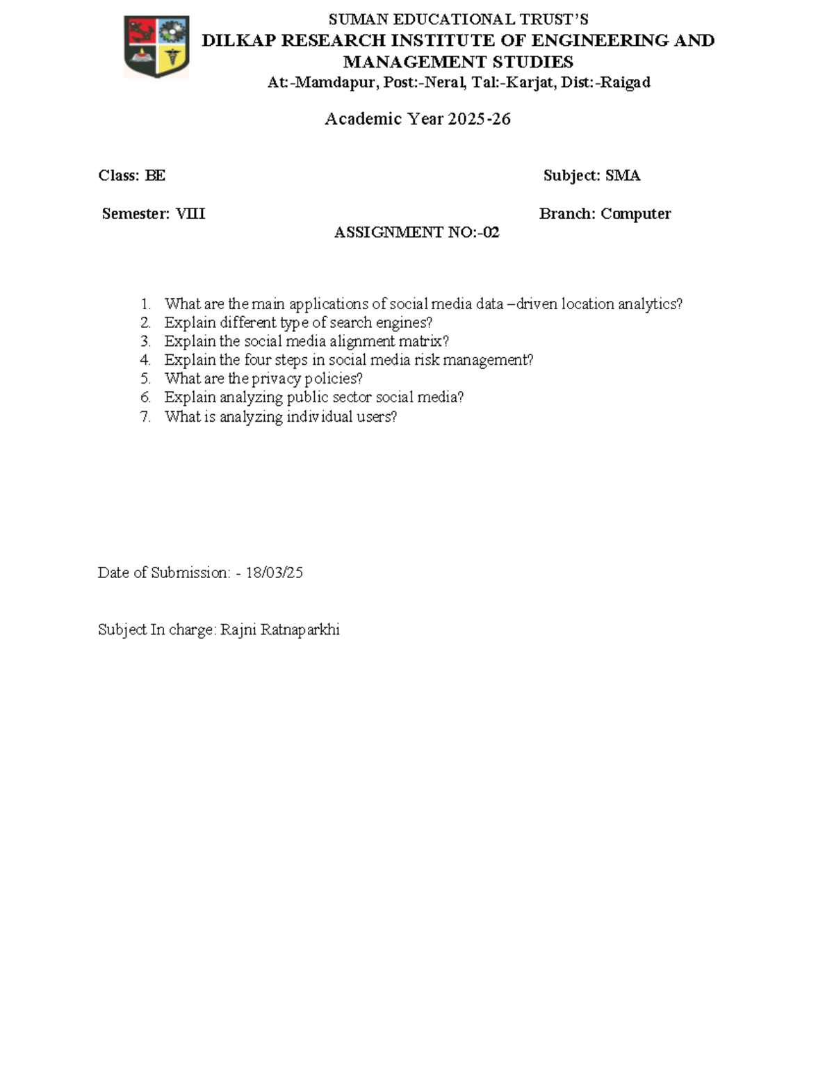 SMA Assignment-2 - Nice - SUMAN EDUCATIONAL TRUST’S DILKAP RESEARCH ...