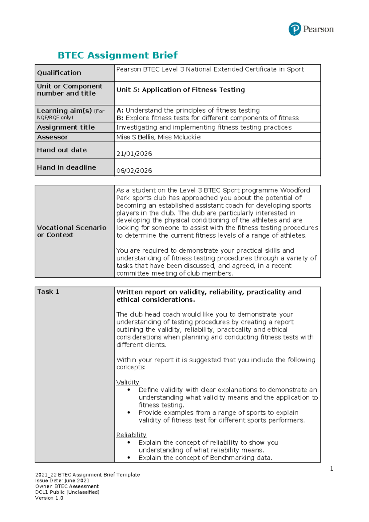 BTEC Level 3 Sport Unit 5: Fitness Testing Assignment Brief - Studocu