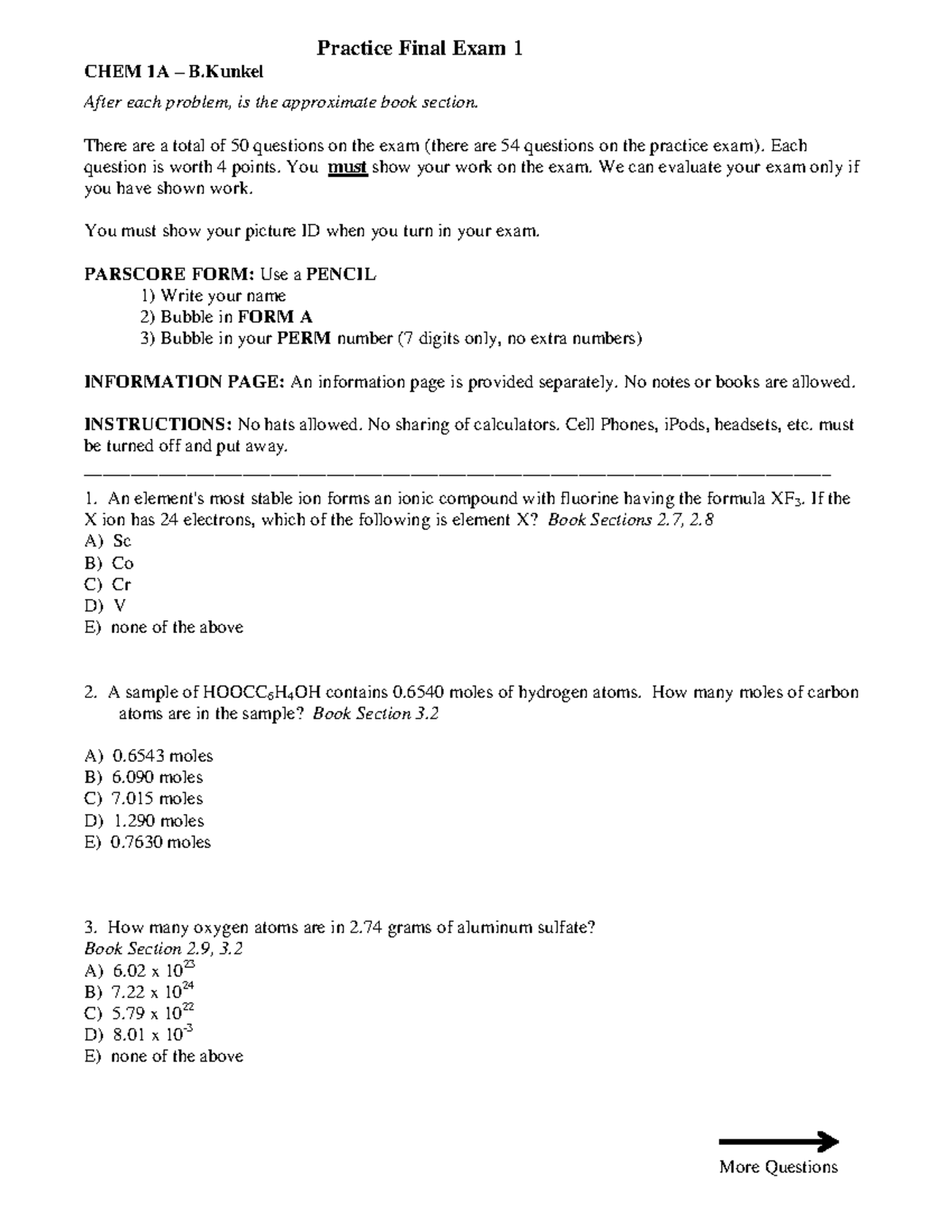 CHEM 1A Final Exam Practice Questions and Solutions - Studocu