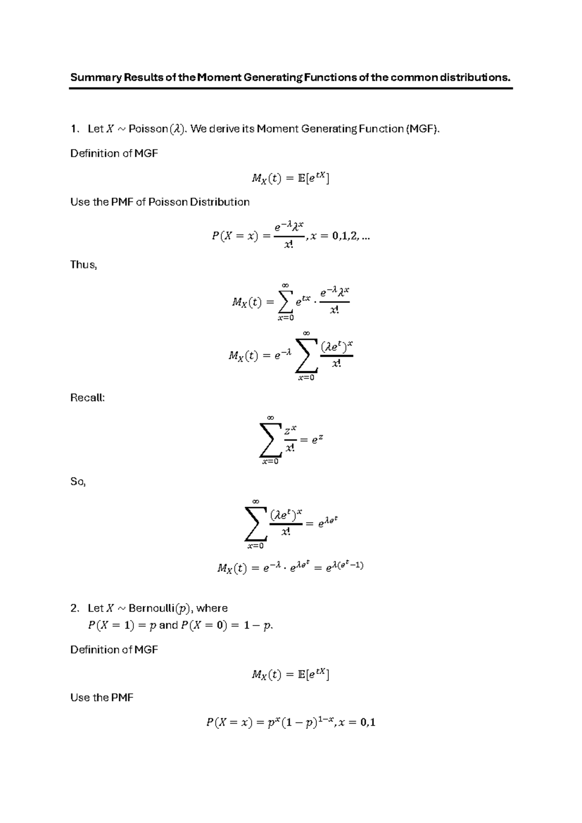 Moment Generating Functions of Common Distributions: Summary - Studocu