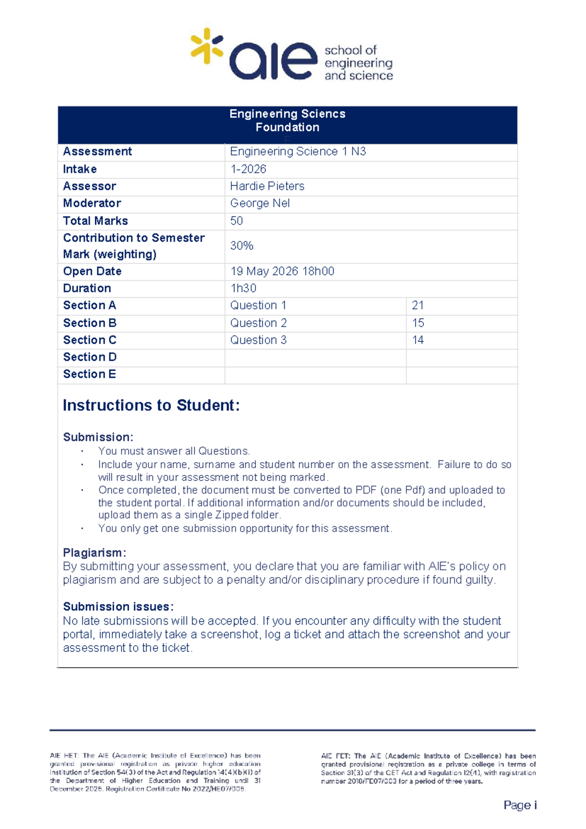 N3 Engineering Science 1 Assessment 1 Question Paper 2026 - Studocu