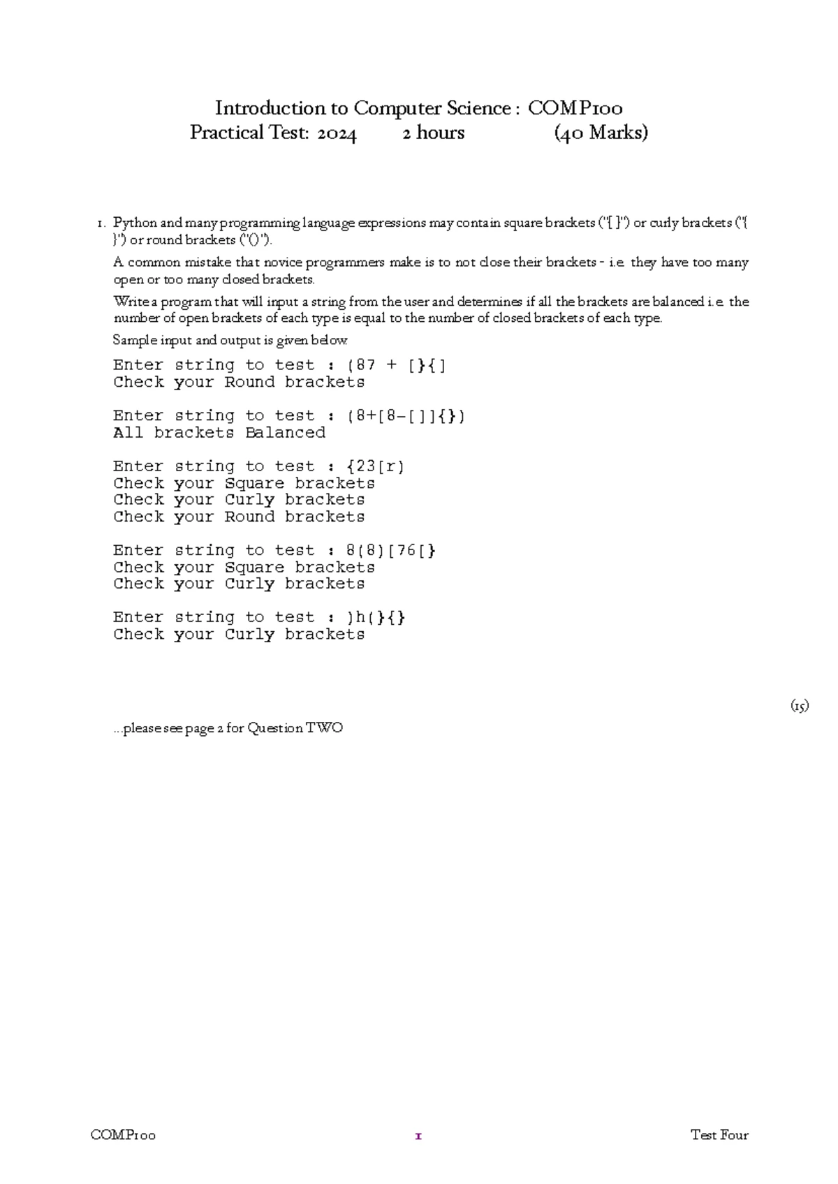 Practical One - Introduction to Computer Science COMP100 Practical One ...