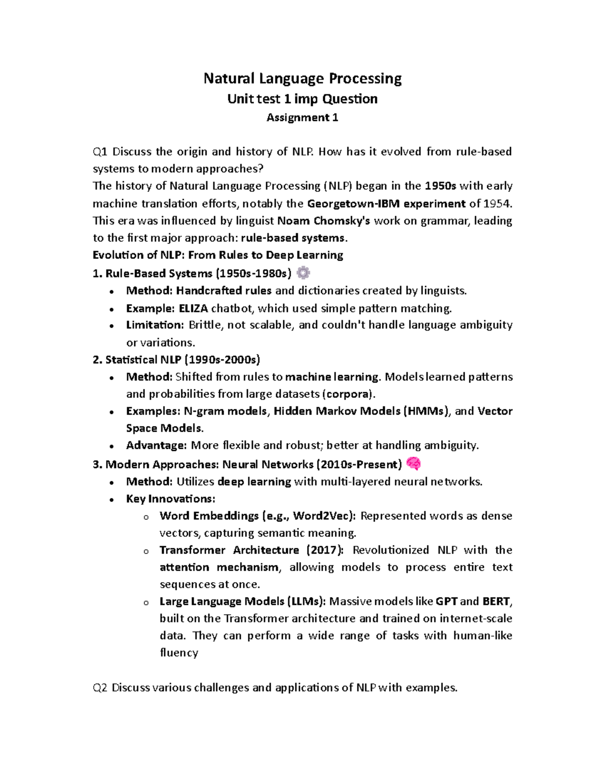 NLP 101: Unit Test 1 - Key Questions on History & Challenges - Studocu
