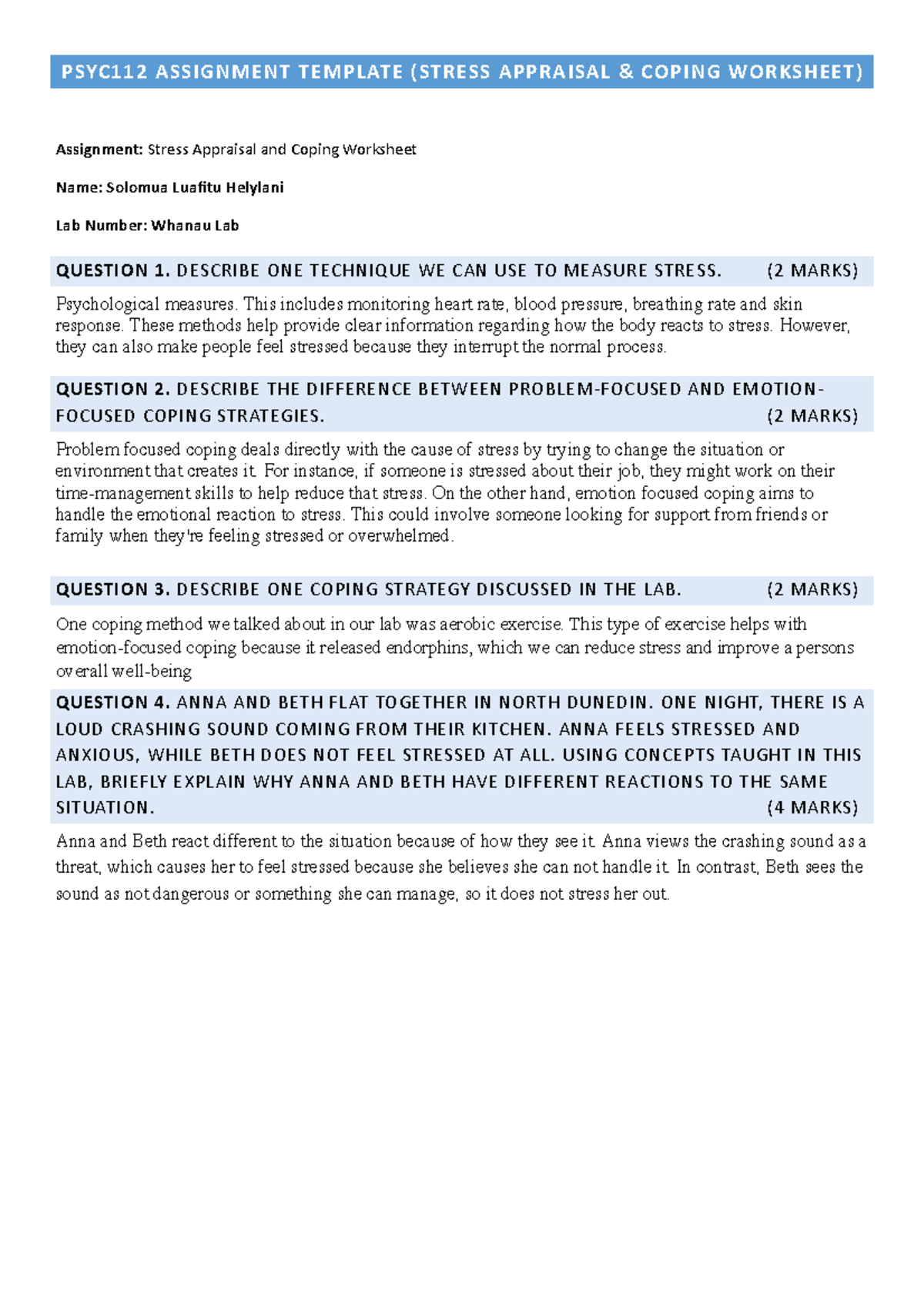 2024 PSYC112 Lab 9: Stress Appraisal & Coping Strategies Worksheet ...
