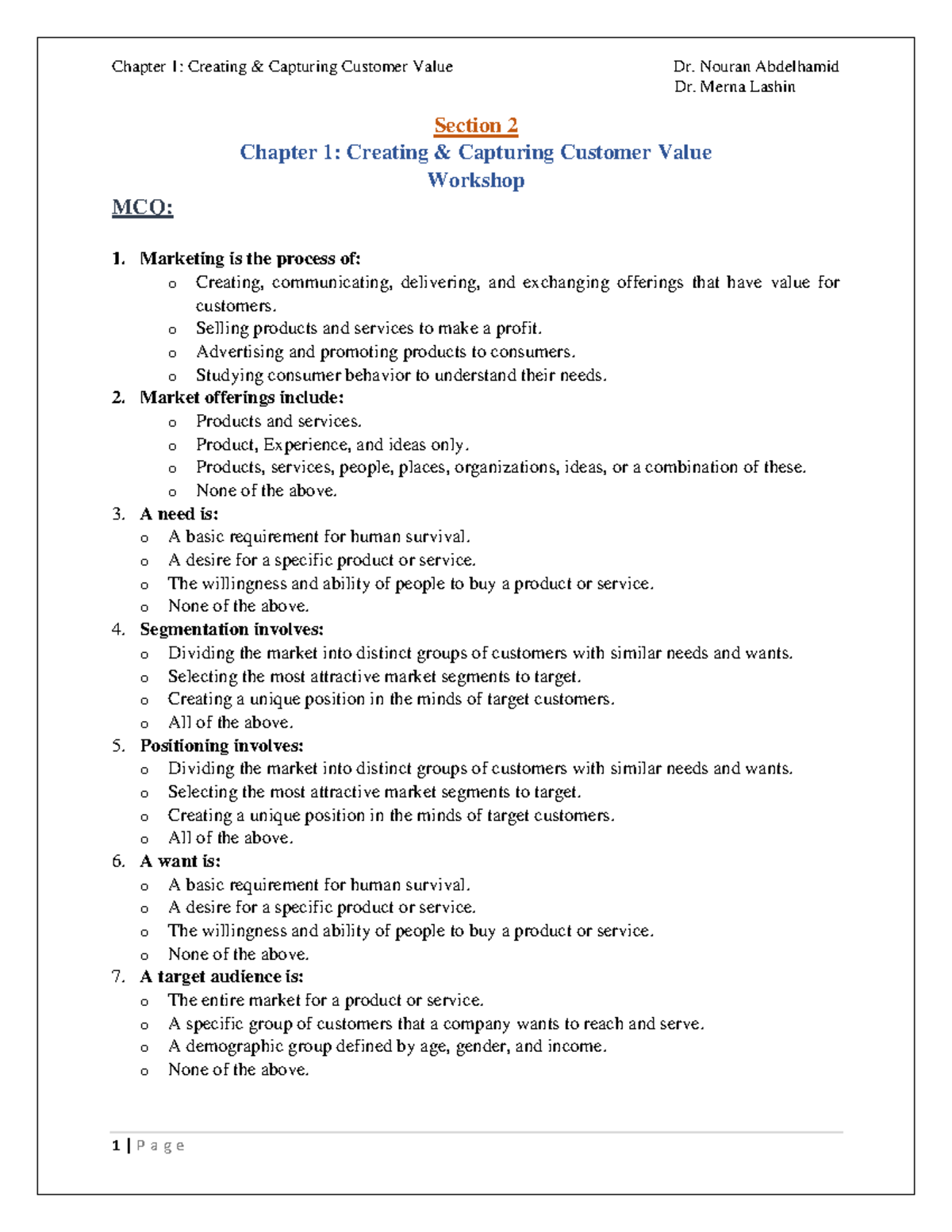 Section 2- Chapter 1 Creating & Capturing Customer Value - Dr. Merna ...