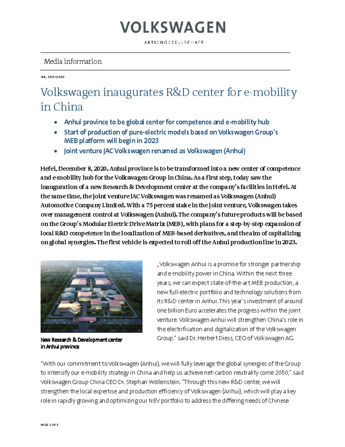 Volkswagen (PM 2020) Inaugurates R&D Center for E-Mobility in Anhui ...