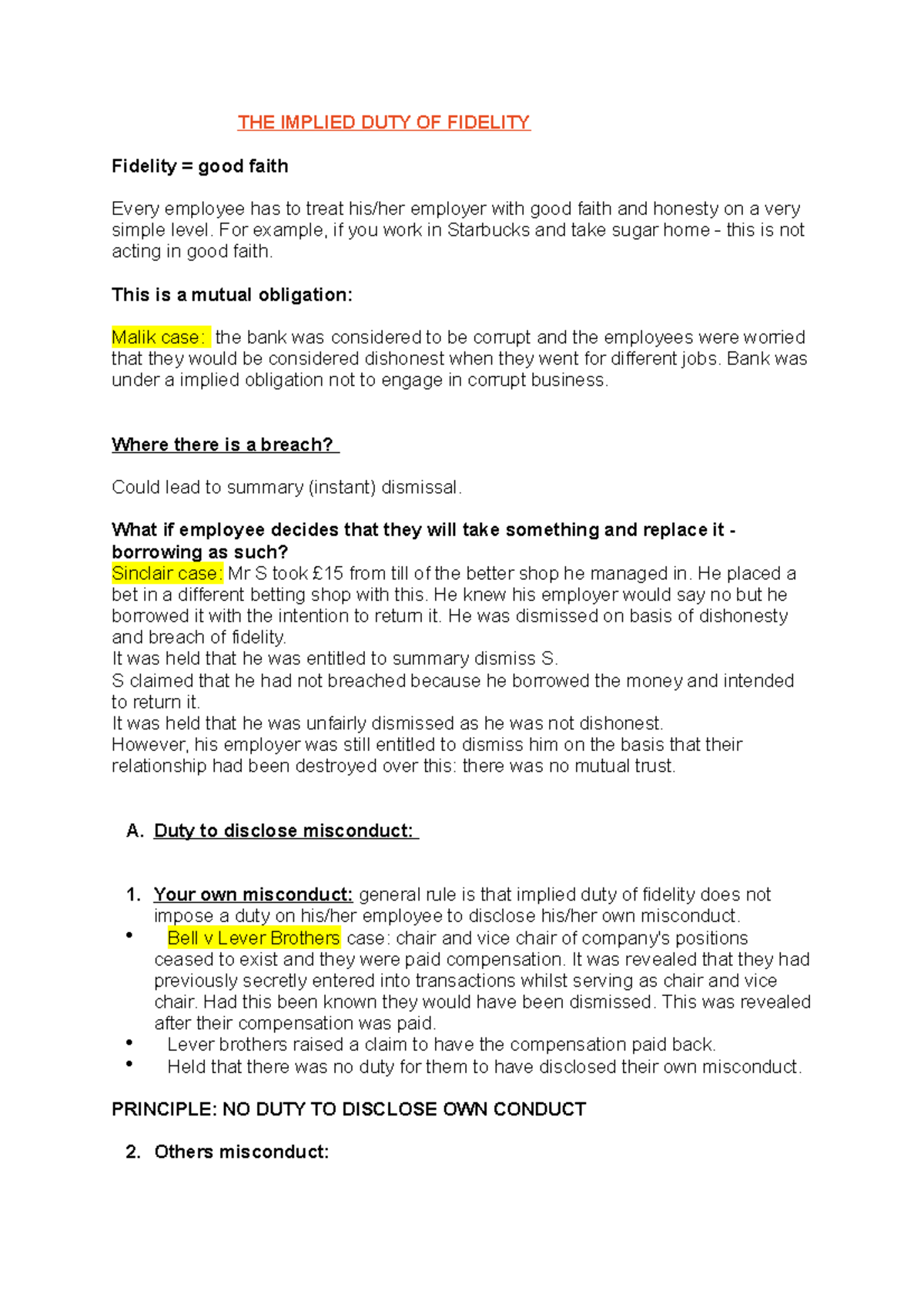 Implied Duty of Fidelity: Key Cases & Principles - Studocu