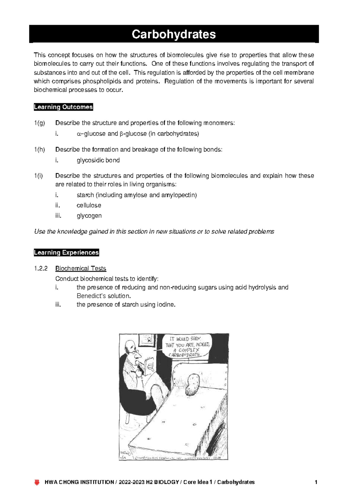 H2 BIOLOGY 2022 Carbohydrates Notes: Structure, Functions & Tests - Studocu