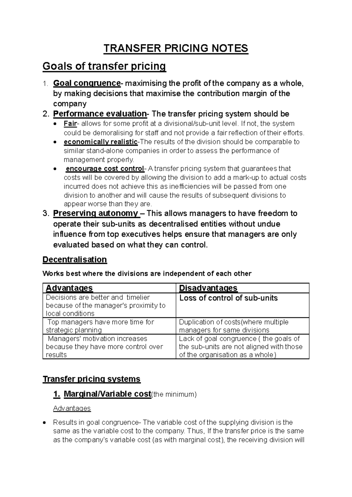 Transfer Pricing Notes: Goals, Systems, and Performance Evaluation ...