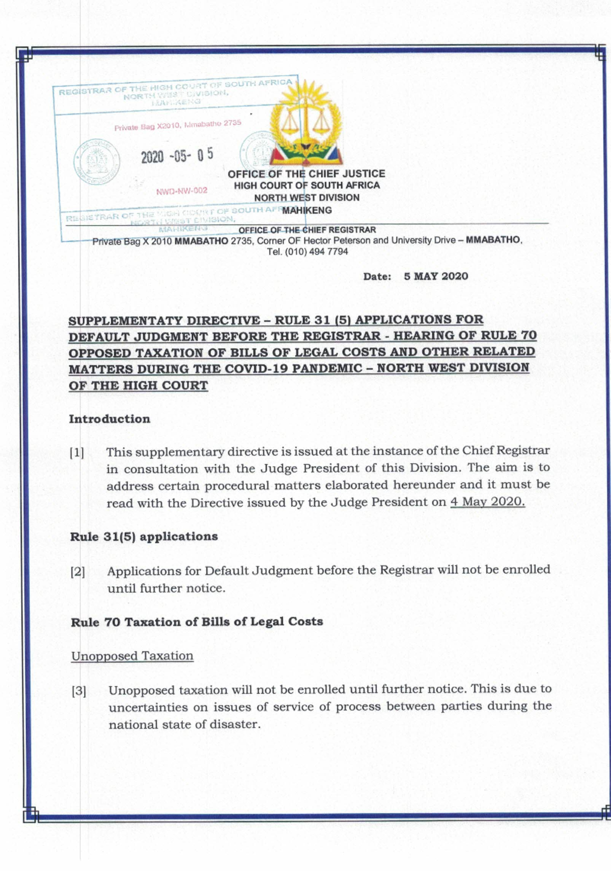 Supplementary Directive: Rule 31.5 on Default Judgment Applications ...