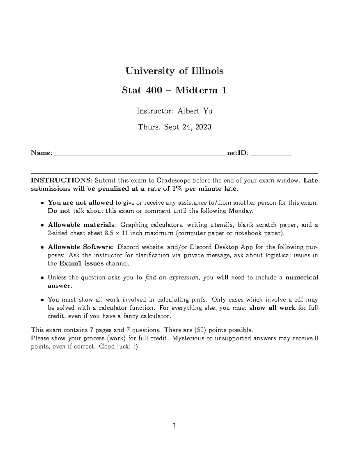 Stat 400 F20 - Midterm Exam 1 Instructions and Questions - Studocu
