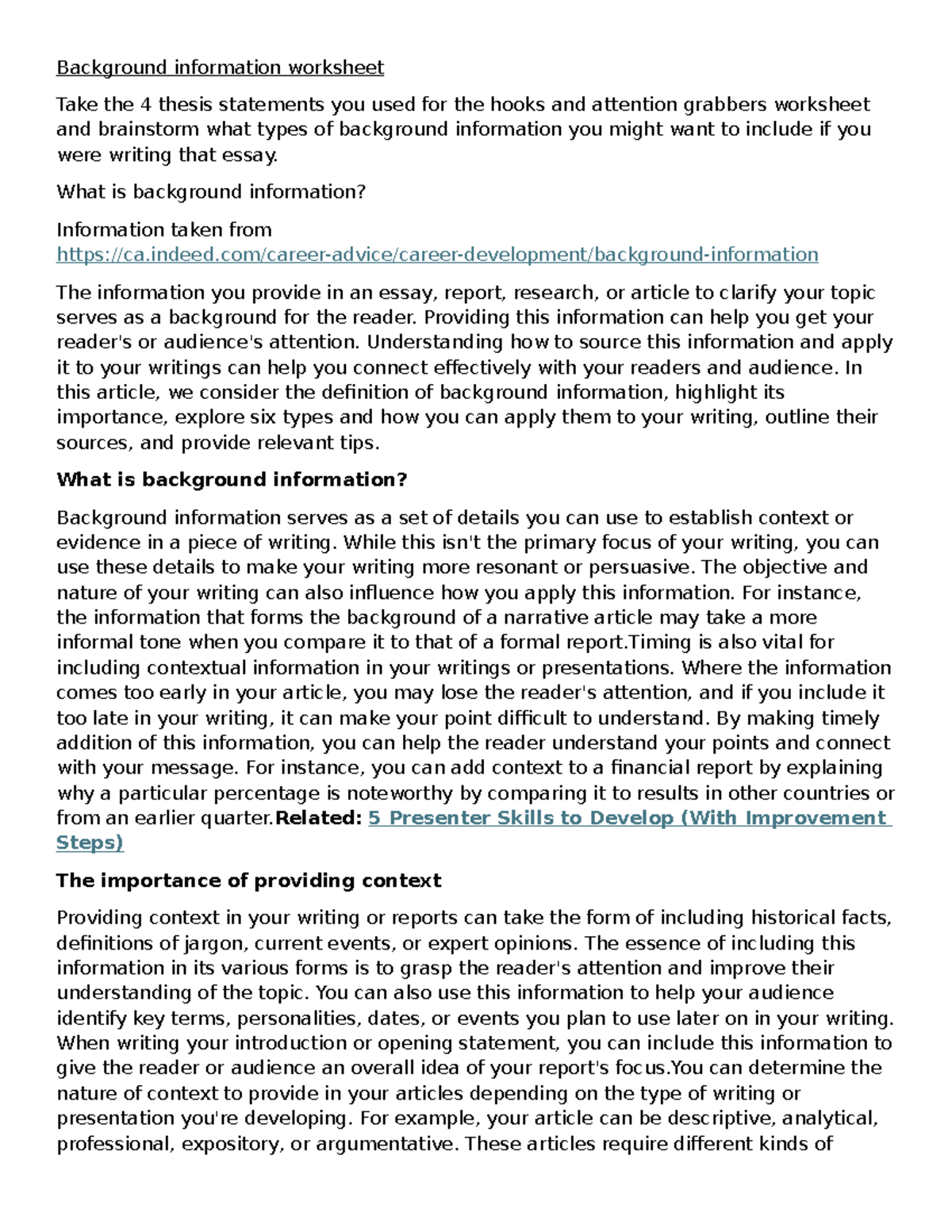 Background Information Worksheet for Essay Writing - Studocu