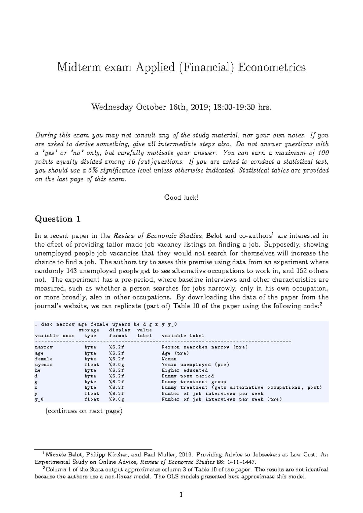 Midterm Exam 161019 on Applied Financial Econometrics - Studeersnel
