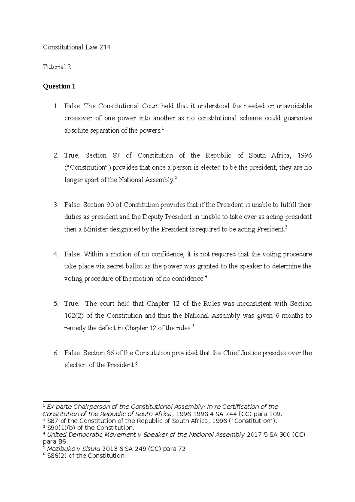 Constitutional Law 214 Tutorial 2: Key Questions and Answers Analysis ...