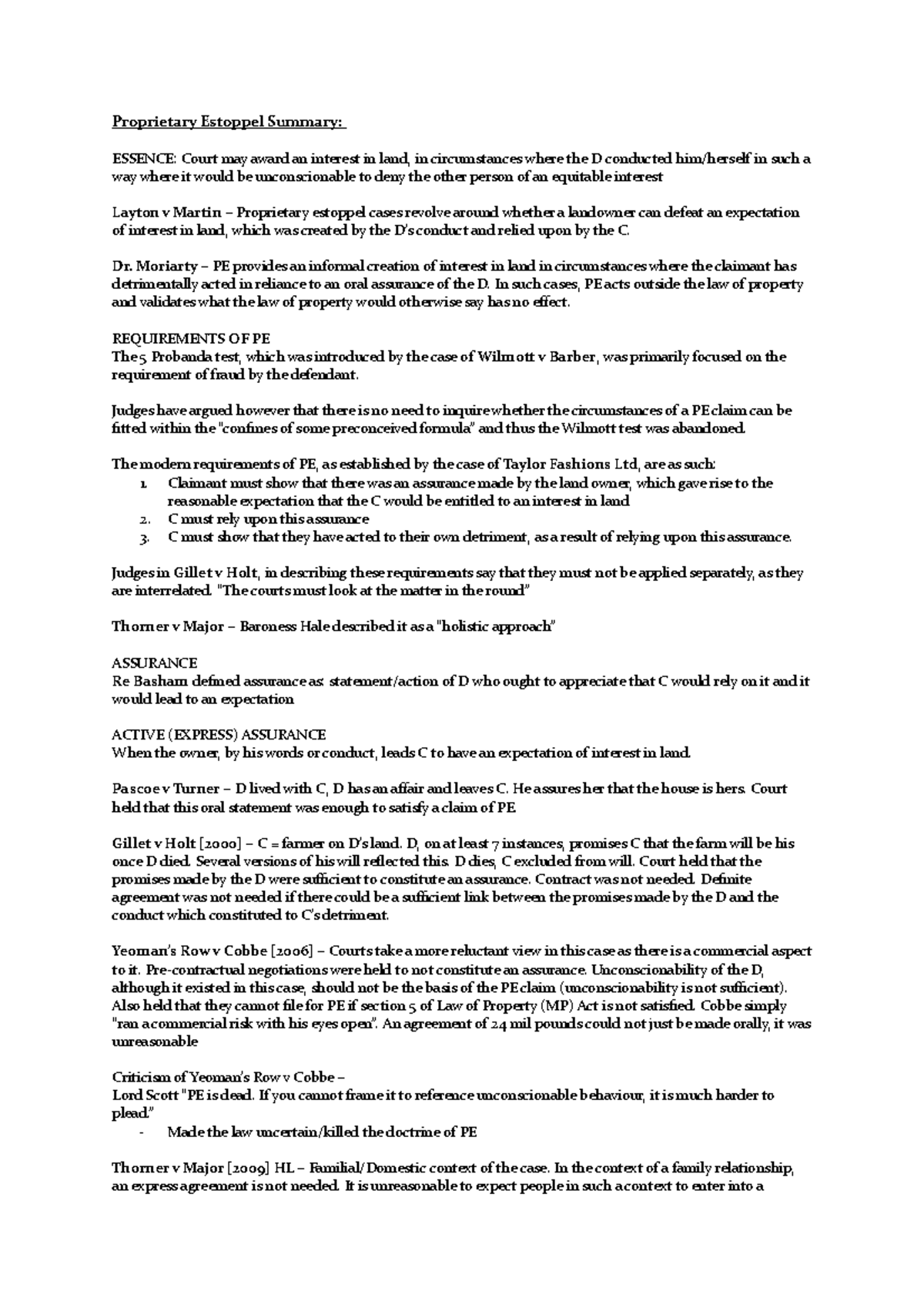 Proprietary Estoppel Overview for Law 101 Exam Review - Studocu