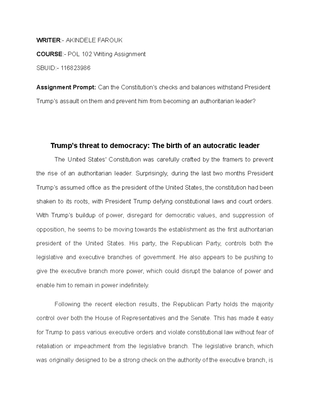 POL 102 Writing Assignment: Trump's Threat to Constitutional Democracy ...