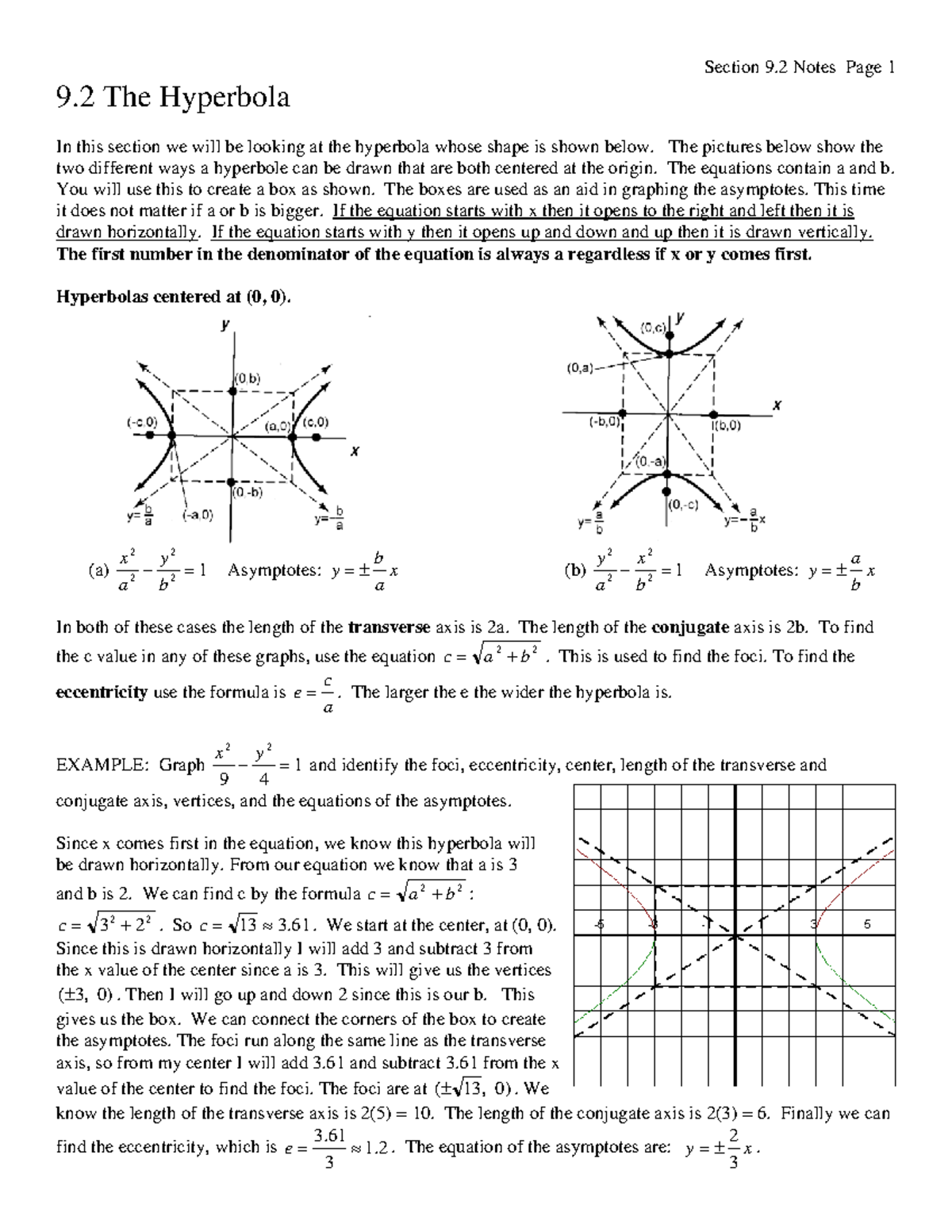 Section 9.2 Notes: Understanding the Hyperbola in Depth - Studocu