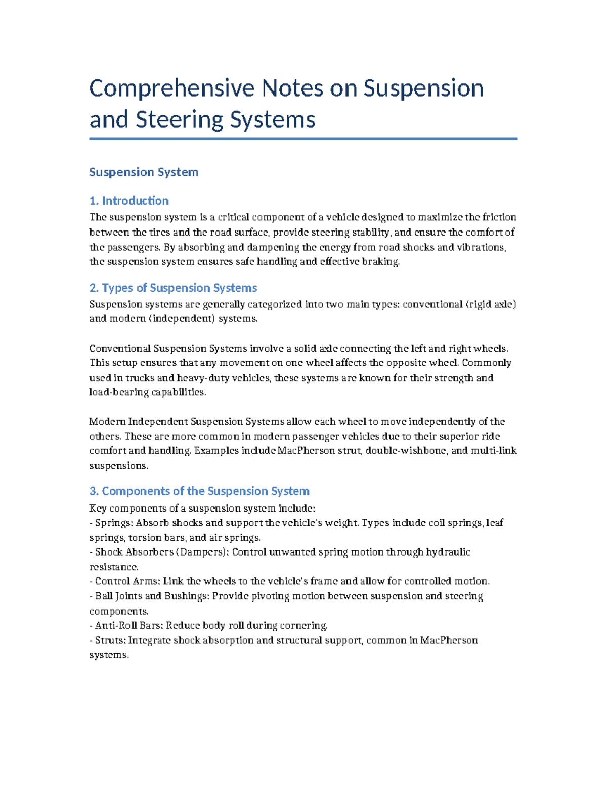 Comprehensive Notes on Suspension & Steering Systems (ENG 101) - Studocu