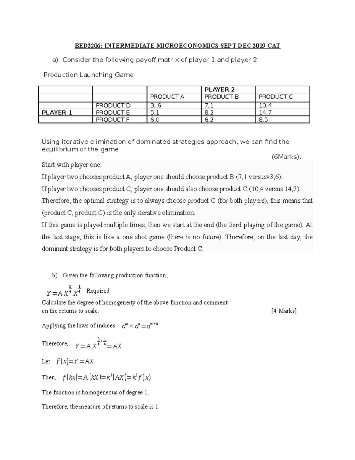 BED2206: Intermediate Microeconomics Sept-Dec 2019 CAT Overview - Studocu