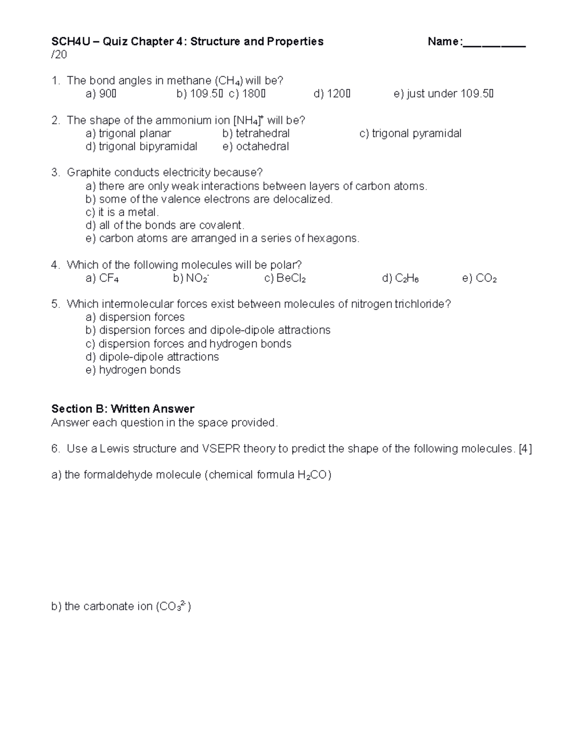 Quiz Ch 4 - english quiz - SCH4U – Quiz Chapter 4: Structure and ...