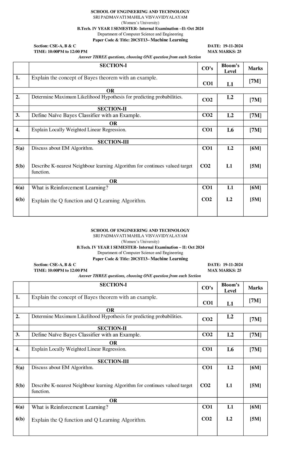 B.Tech CSE IV Year I Internal Exam II: Machine Learning Notes - Studocu