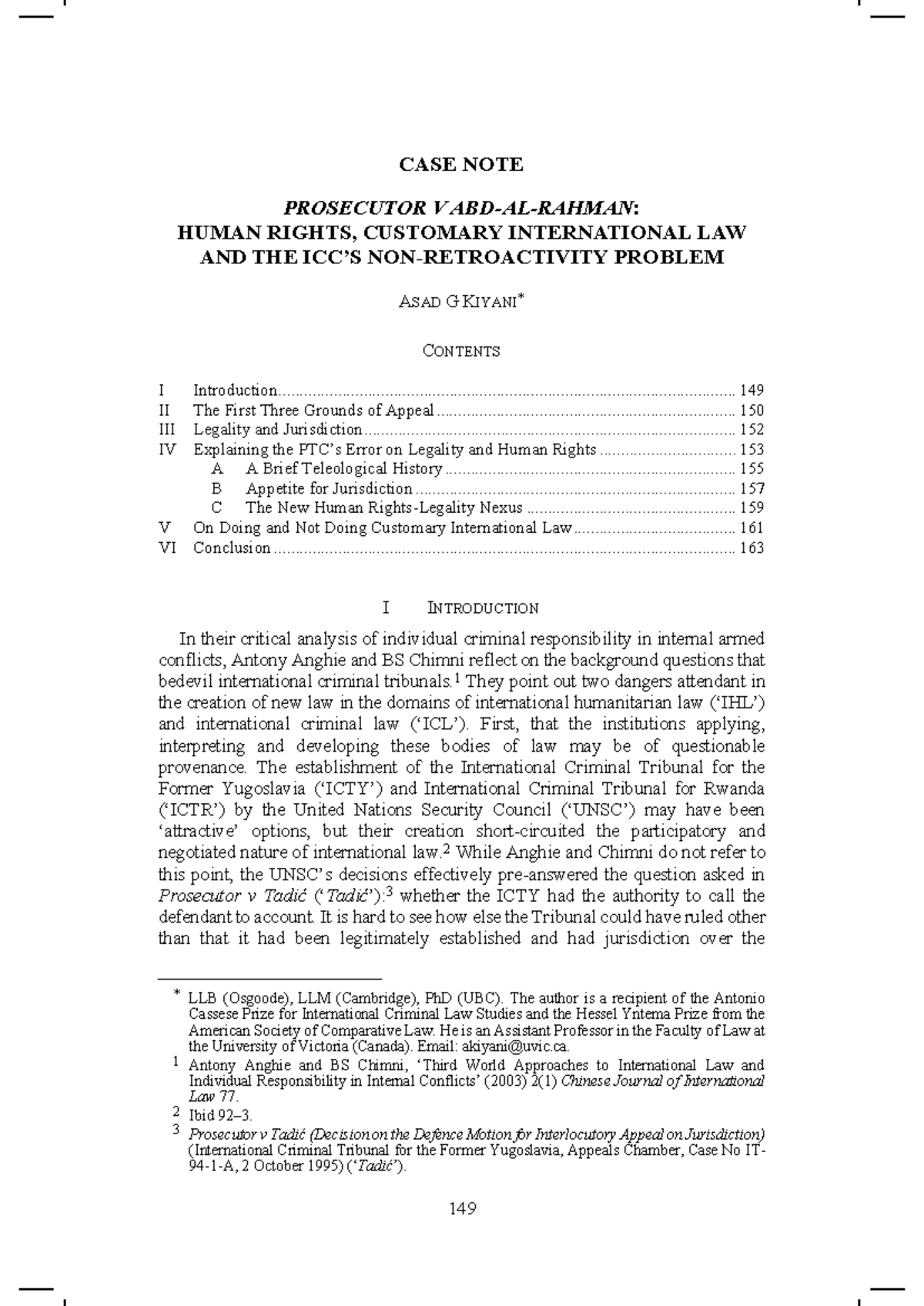 Case Note: Prosecutor v. Human Rights, Customary Int'l Law & Legality ...