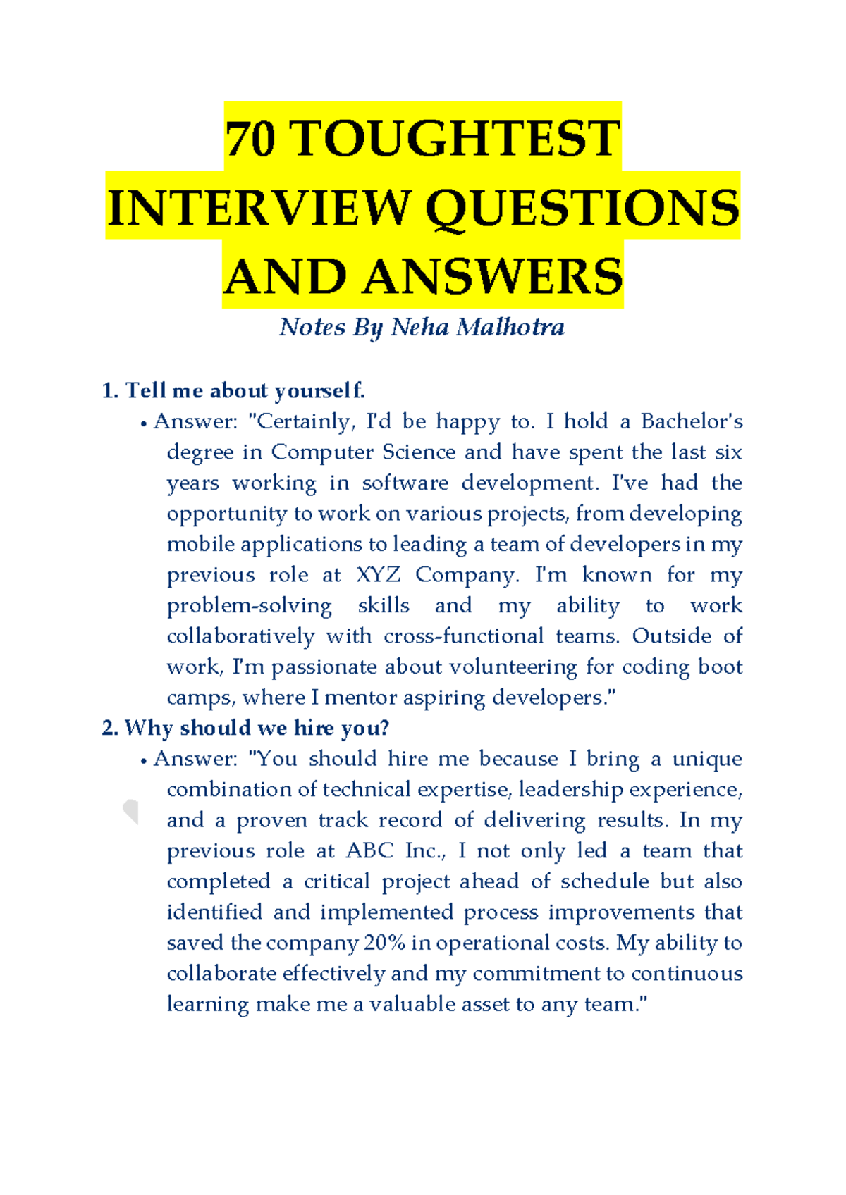 70 Toughest Interview Questions & Answers - Study Notes - Studocu