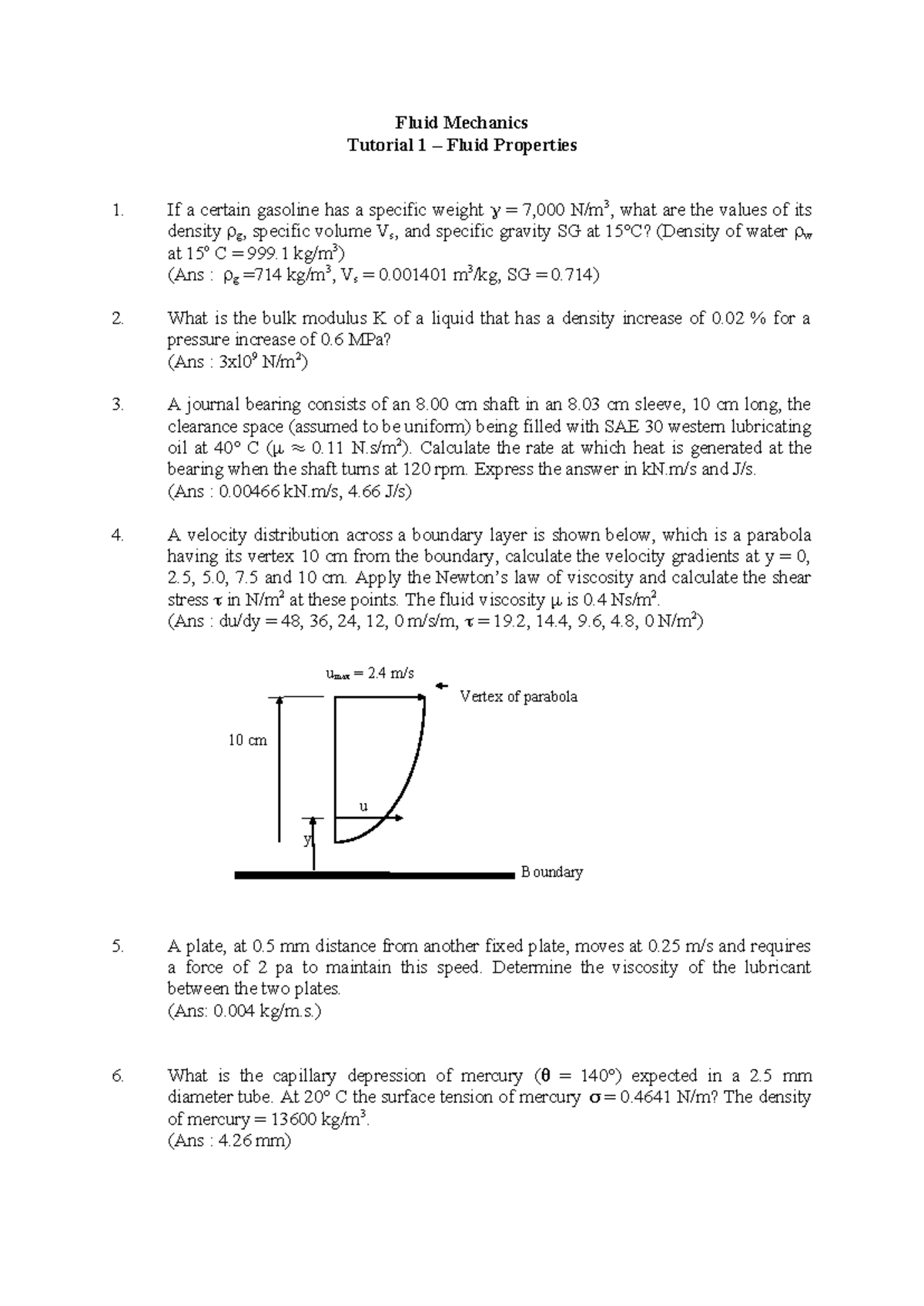 CV1012 Fluid Mechanics Tutorials 1-5: Comprehensive Study Guide - Studocu