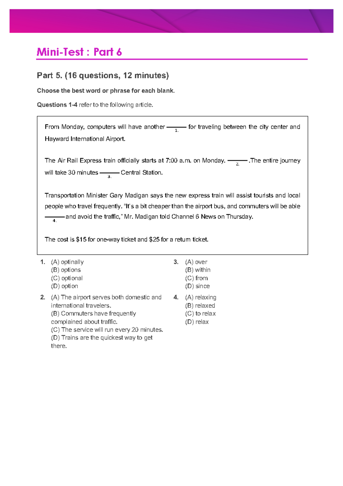 Mini-Test Part 6 - Reading Comprehension Questions and Exercises - Studocu