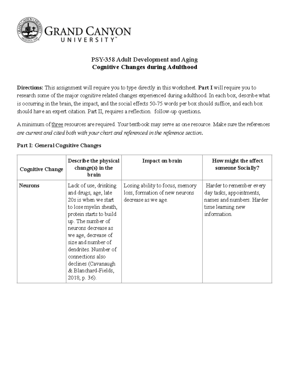 Cognitive Changes Assignment - PSY-358 Adult Development and Aging ...