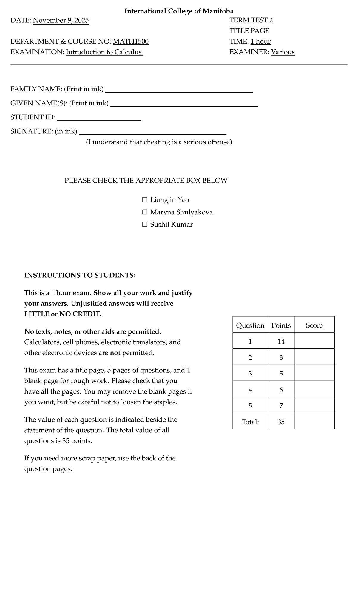 Midterm 2 Solutions for MATH1500: Introduction to Calculus Fall 2025 ...