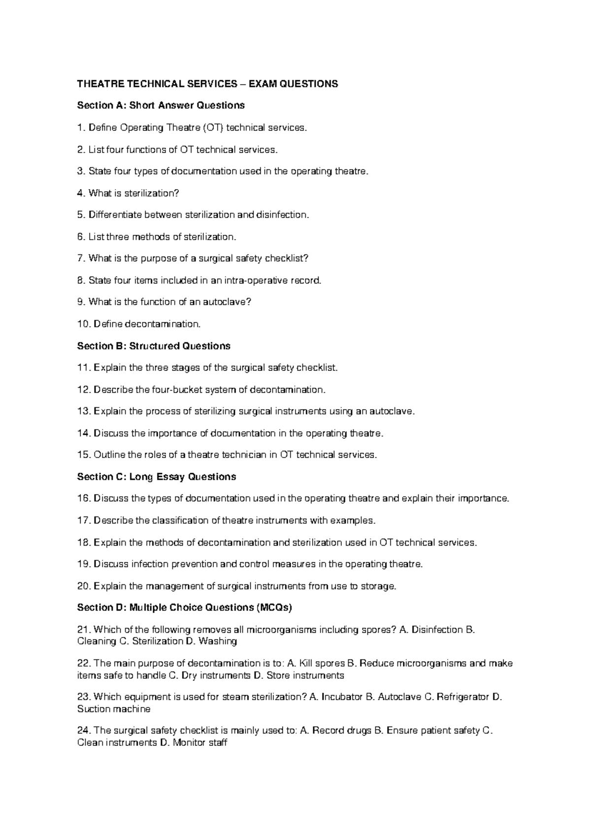 OT Technical Services Exam Questions: Short Answer & MCQs - Studocu