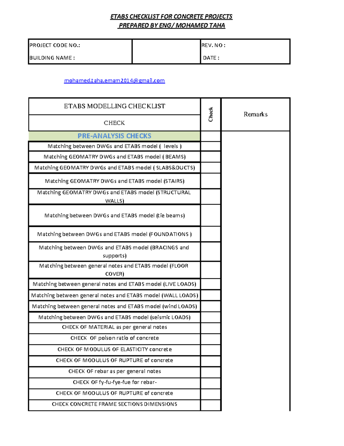 ETABS CHECKLIST FOR CONCRETE PROJECTS - DESIGN METHOD - Studocu