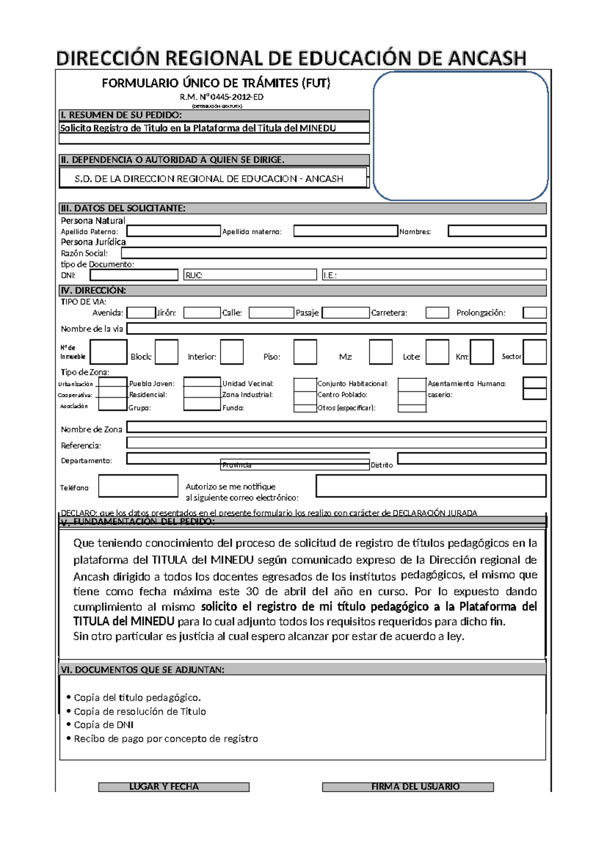 FUT Solicitud de Registro de Título en Plataforma MINEDU - Document Preview