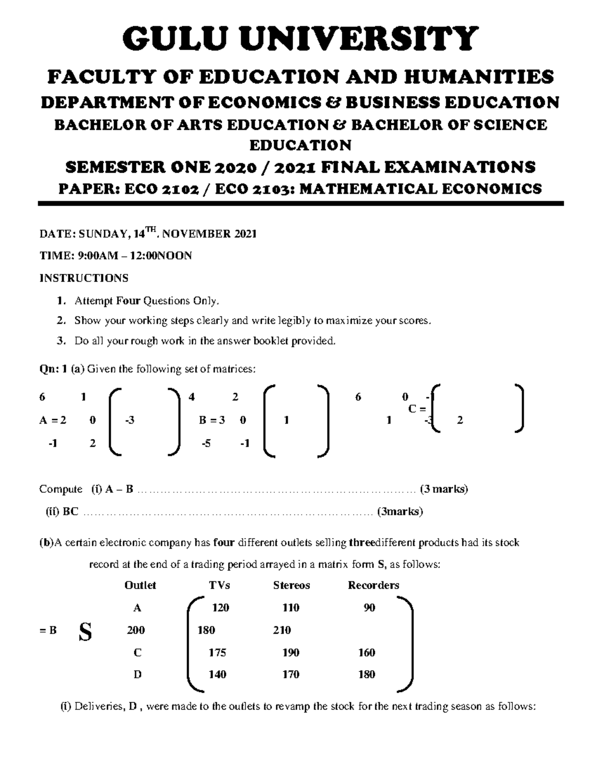 Mathematics ECO 2102 - Final Exam Paper for Semester One 2020/2021 ...