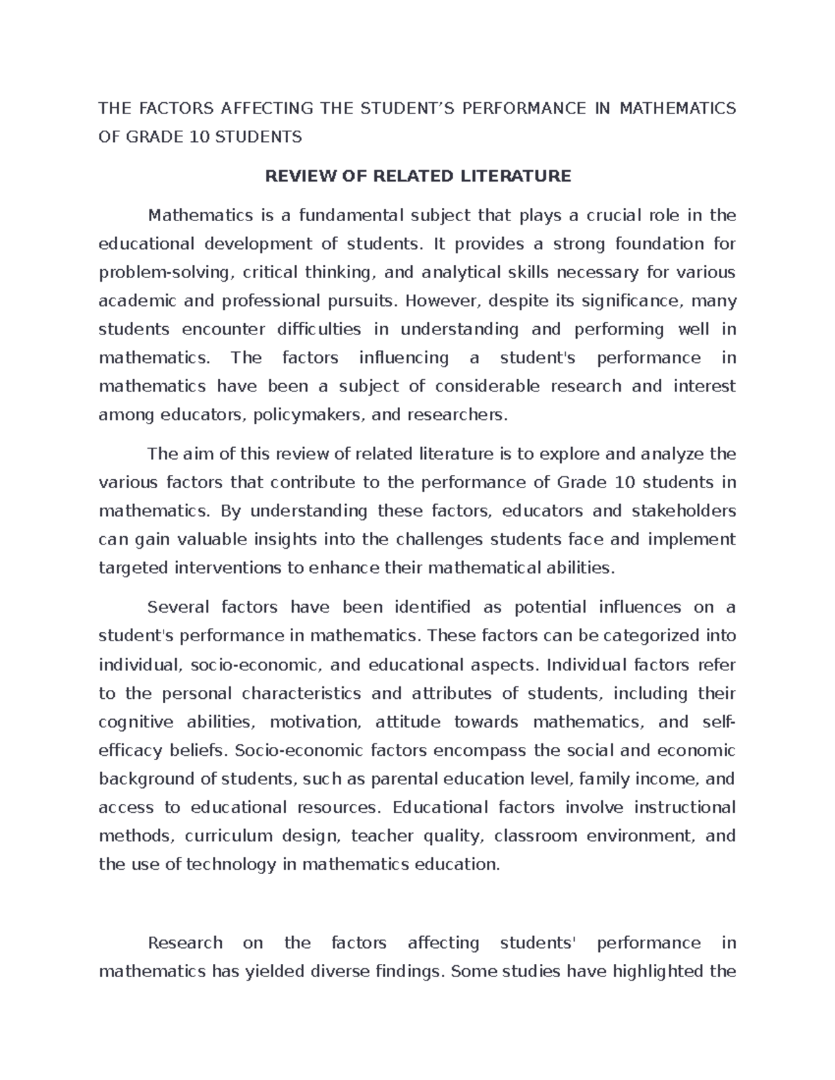 Factors Influencing Grade 10 Students' Performance in Mathematics: RRL ...