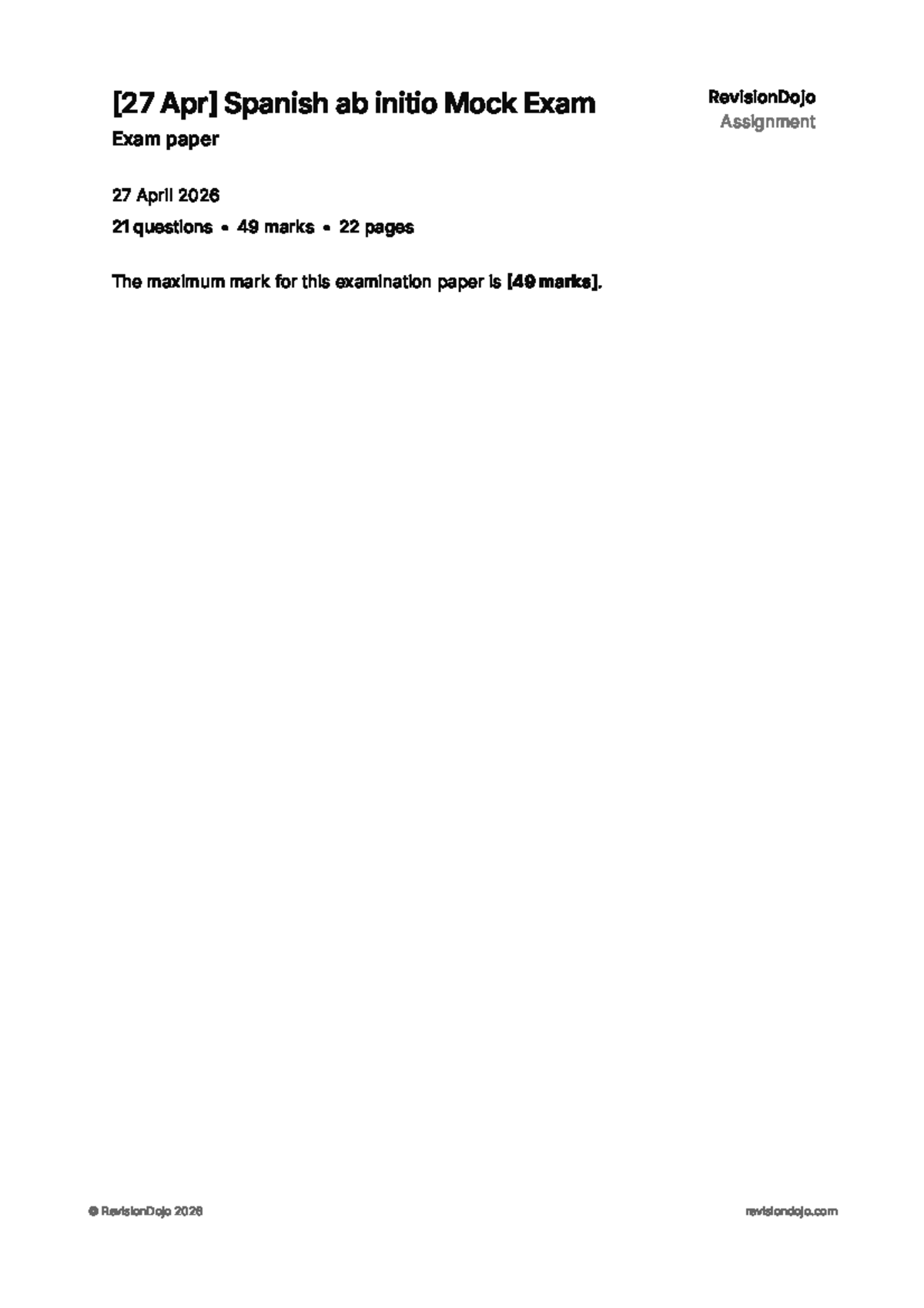 Spanish ab initio Mock Exam Revision - 27 April 2026 - Studocu