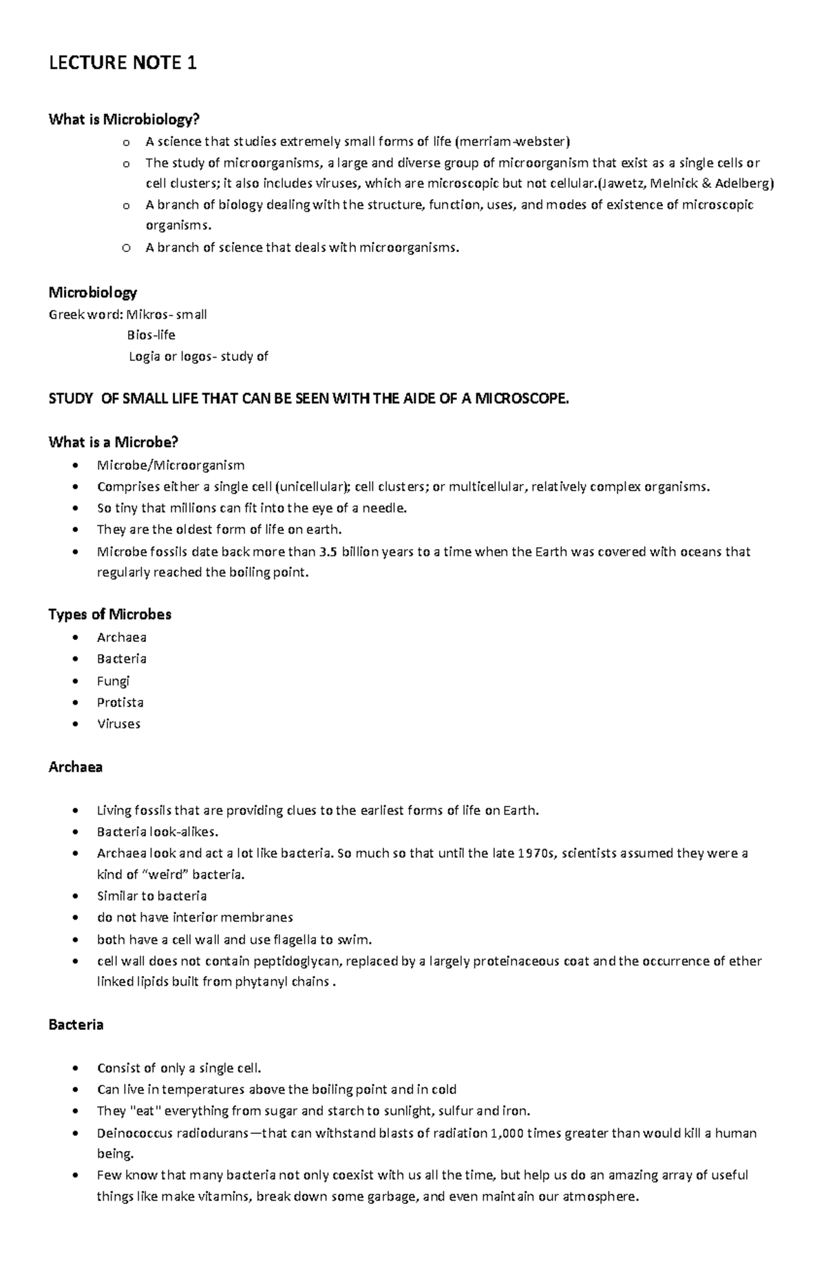 LECTURE NOTE 1: Introduction to Microbiology Concepts and Microbes ...