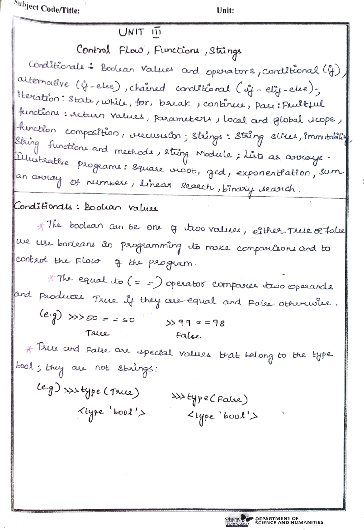 Unit 3 Notes: Control Flow, Functions, and Strings in Python - Studocu