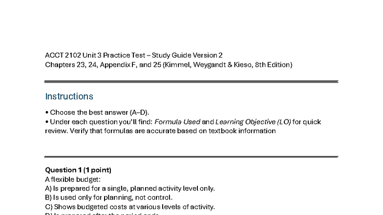 ACCT 2102 Unit 3 Practice Test Study Guide: Key Formulas & Learning ...