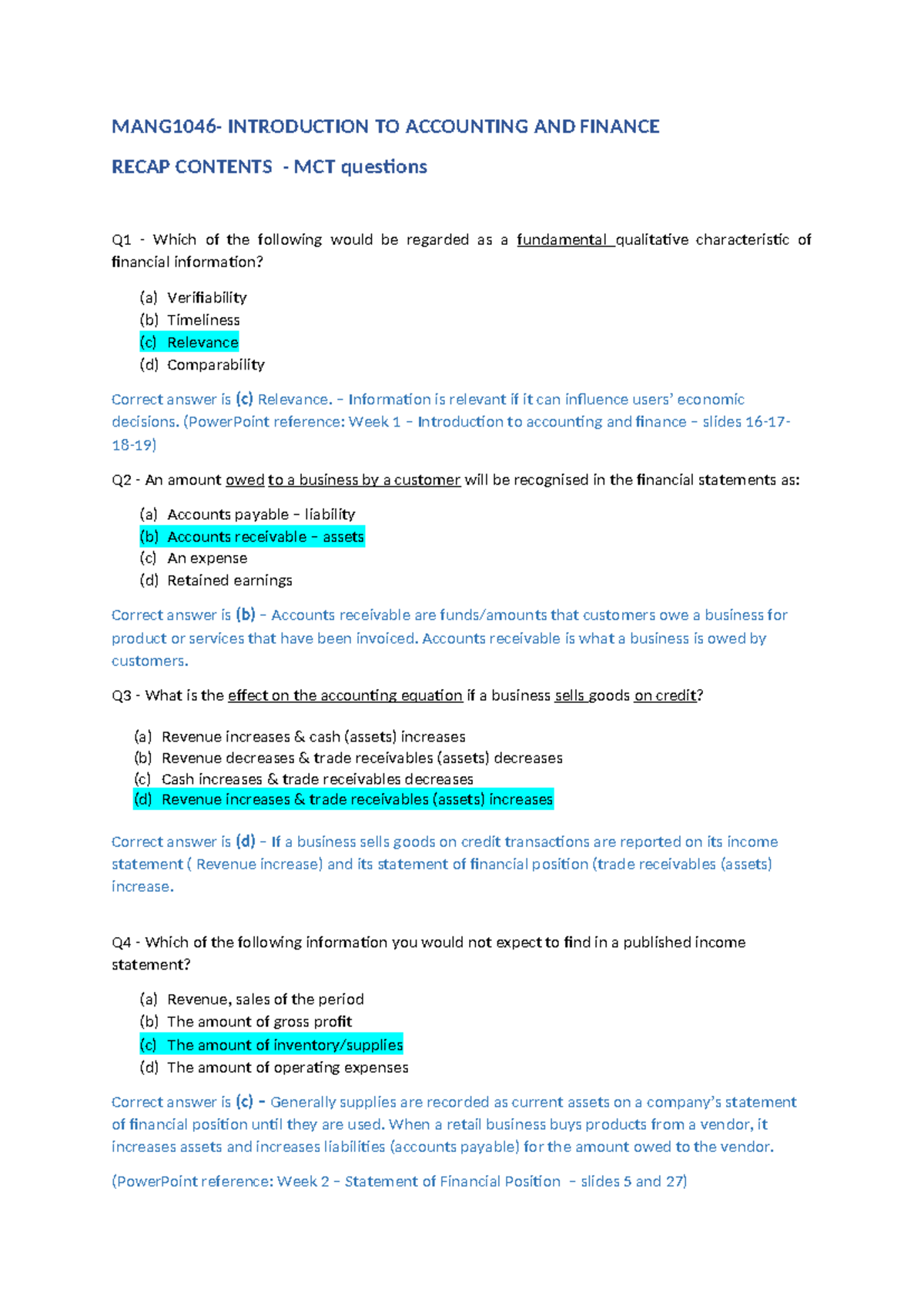 MCT Practice Questions - Accounting and Finance (MANG1046) - Studocu