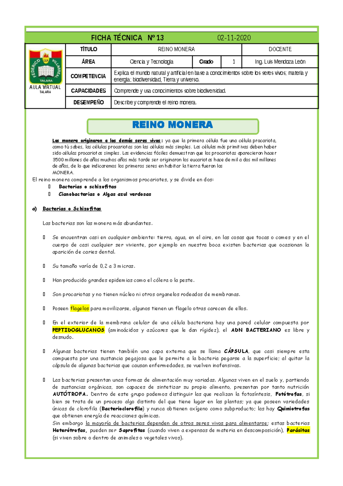 8. Ficha Técnica: Estudio del Reino Monera y sus Características - Studocu