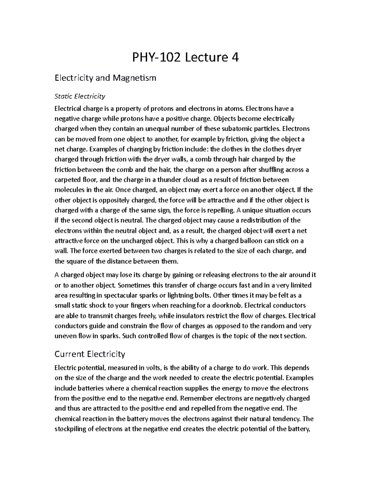 PHY 102 RS Lecture 4: Understanding Electricity and Magnetism - Studocu