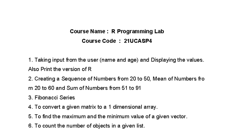 R Programming Lab Exercises - 21UCASP4 - Studocu