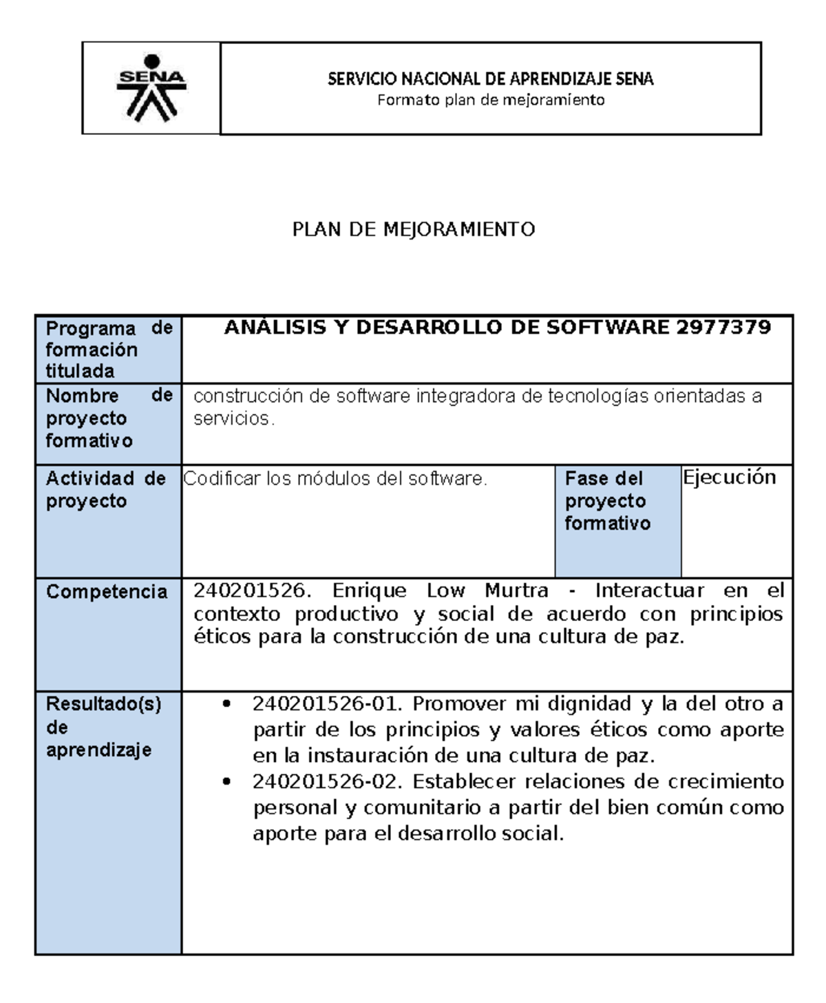 PLAN DE MEJORAMIENTO ANÁLISIS Y DESARROLLO DE SOFTWARE 240201526 - Studocu