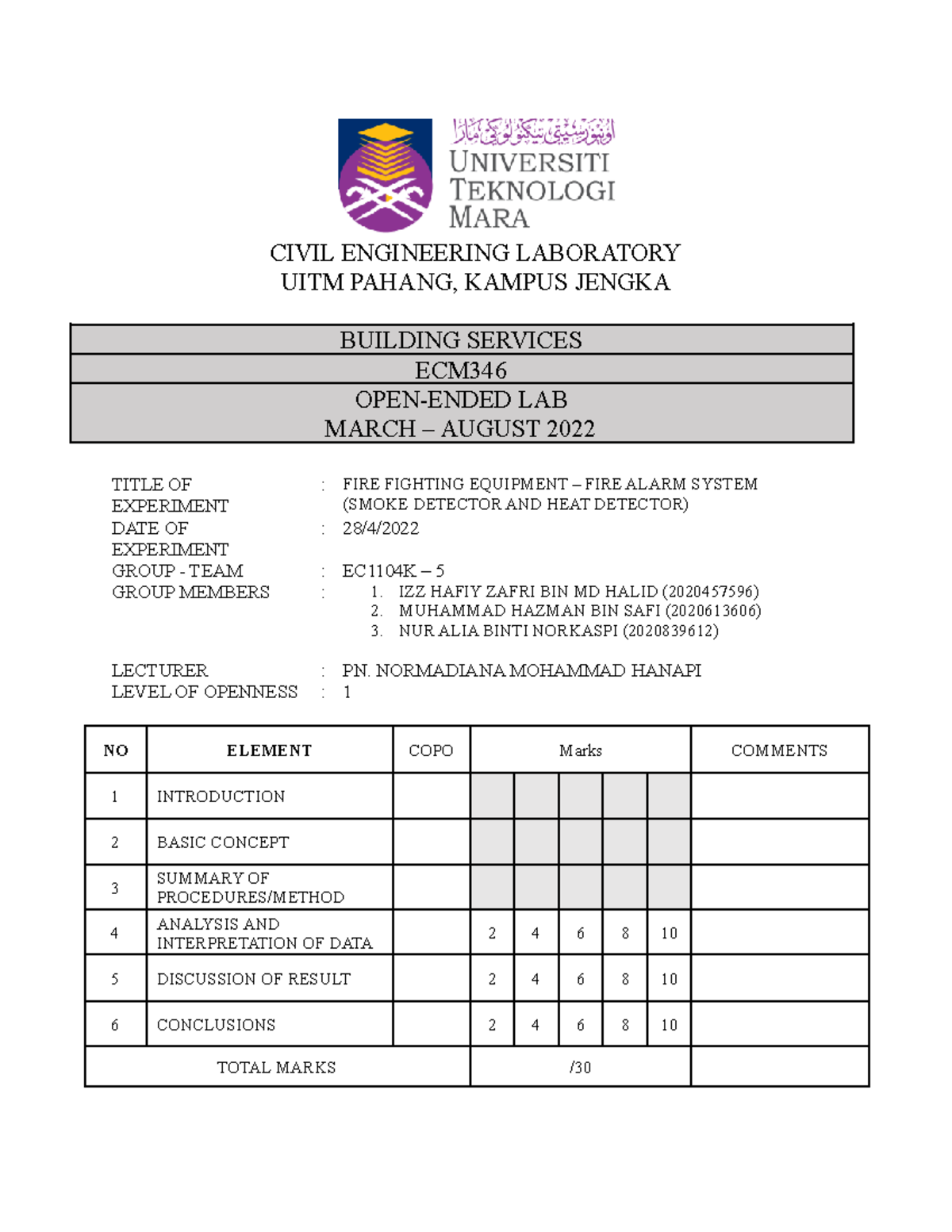 LAB Report ECM346: Fire Alarm System - Smoke & Heat Detectors Analysis ...