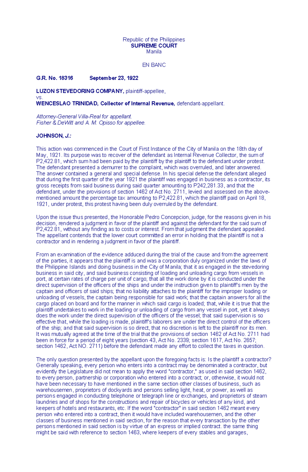 Philippines SC Case No. 18316: Luzon Stevedoring Co. v. Trinidad - Studocu