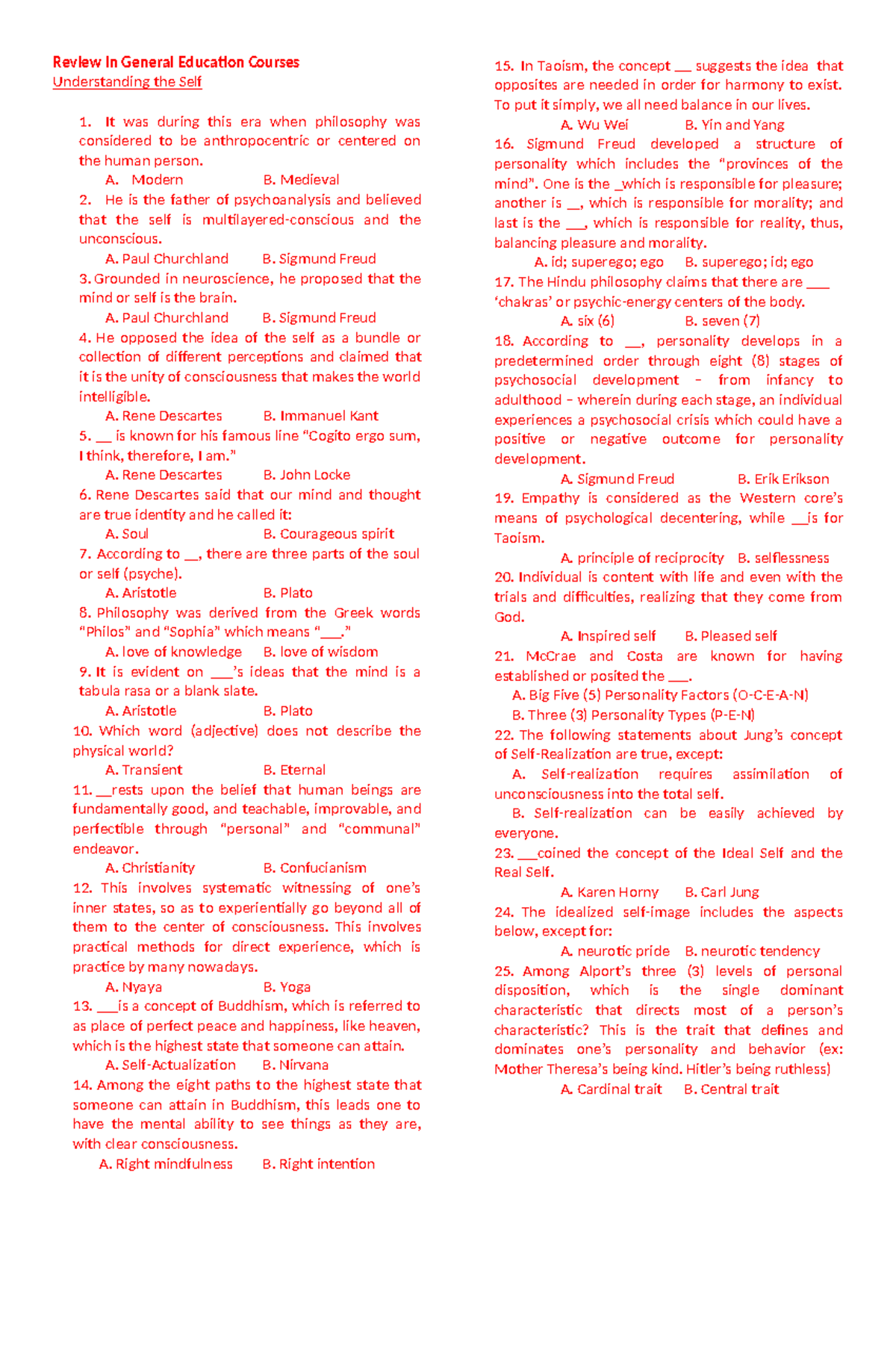 Review in Gen Ed UTS - Understanding the Self Lecture Notes - Studocu