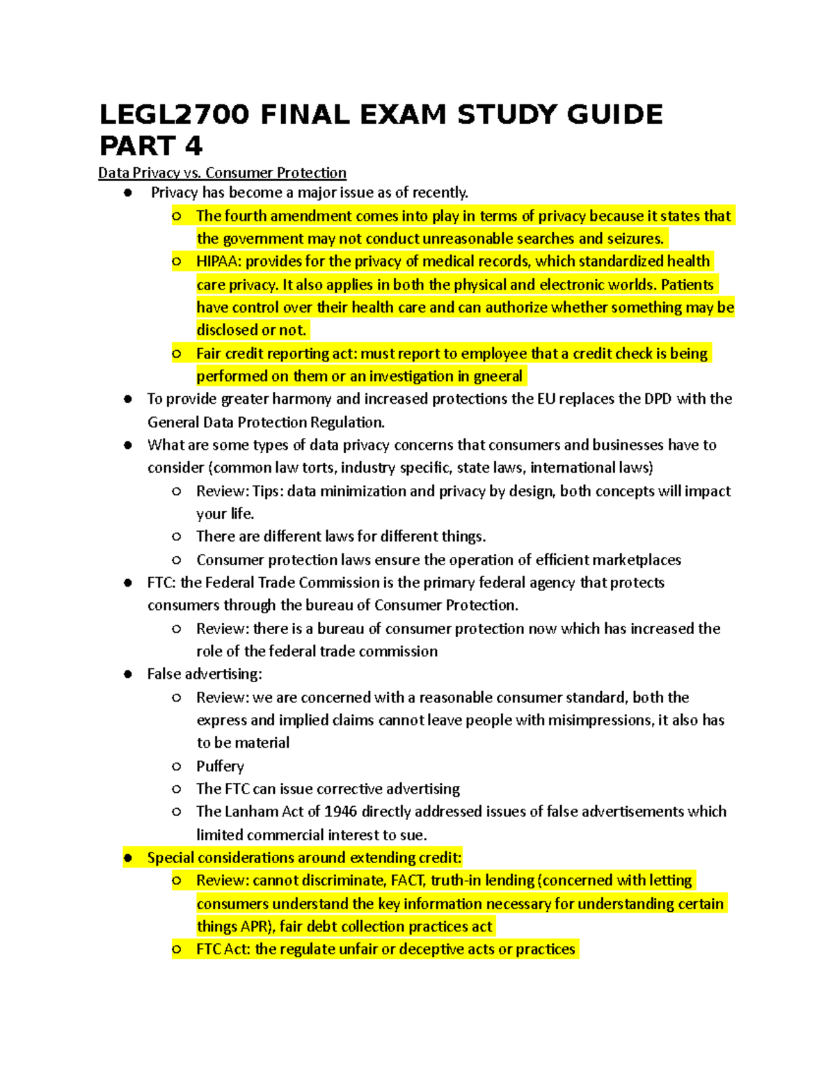 LEGL2700 Final Exam Study Guide: Data Privacy & Business Organizations ...