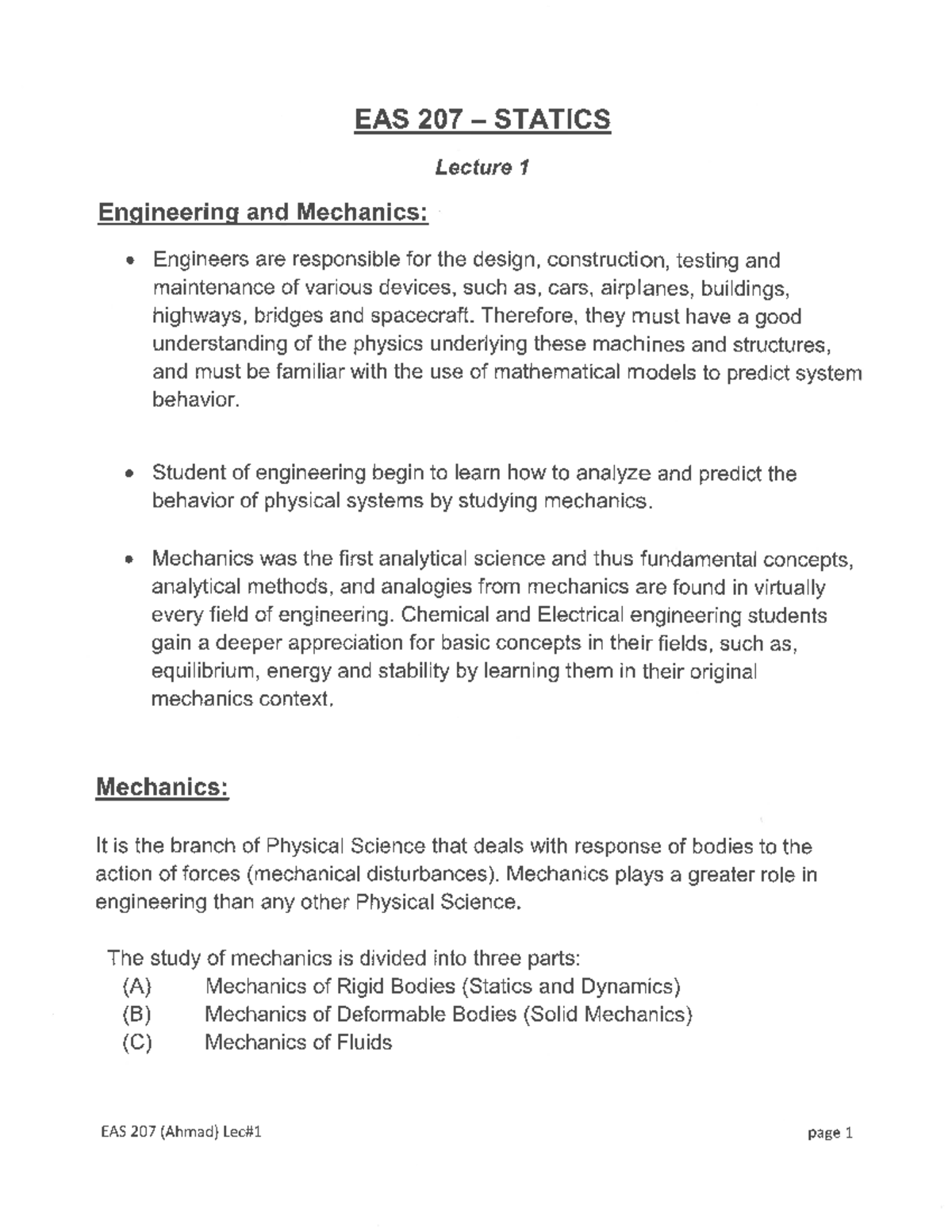EAS 207 - Lecture 1: Introduction to Statics and Mechanics Fundamentals ...